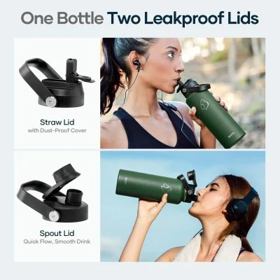 Buzio Duet Series Water Bottle with 2 Lids and Sleeve 1.2L - Dark Green